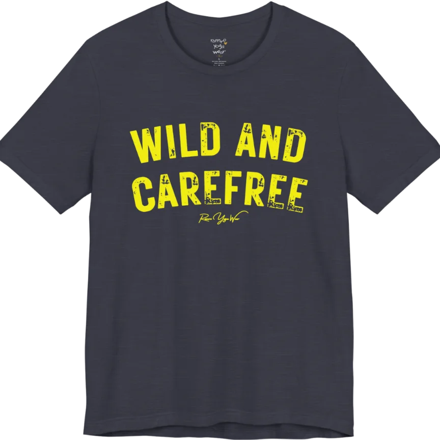Bold typography reading "Wild And Carefree" — Funny Yoga Shirts collection by Ramro Yoga Wear in Heather Midnight Navy