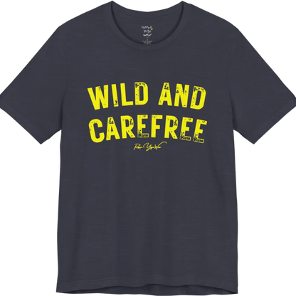Bold typography reading "Wild And Carefree" — Funny Yoga Shirts collection by Ramro Yoga Wear in Heather Midnight Navy