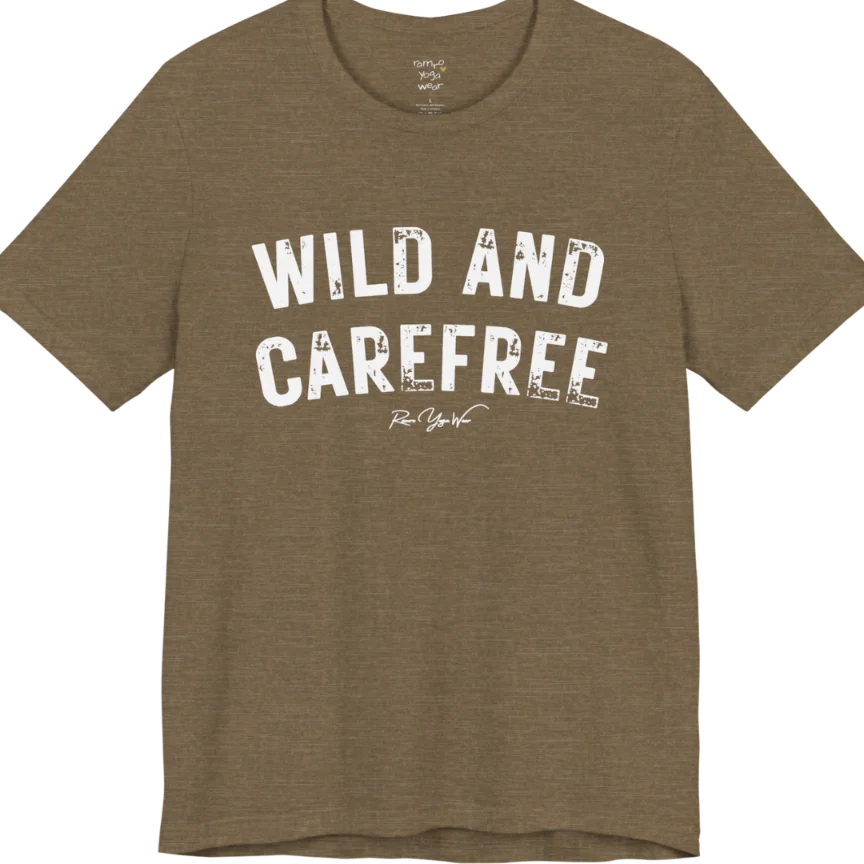 Bold typography reading "Wild And Carefree" — Funny Yoga Shirts collection by Ramro Yoga Wear in Heather Olive