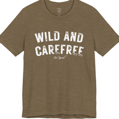 Bold typography reading "Wild And Carefree" — Funny Yoga Shirts collection by Ramro Yoga Wear in Heather Olive