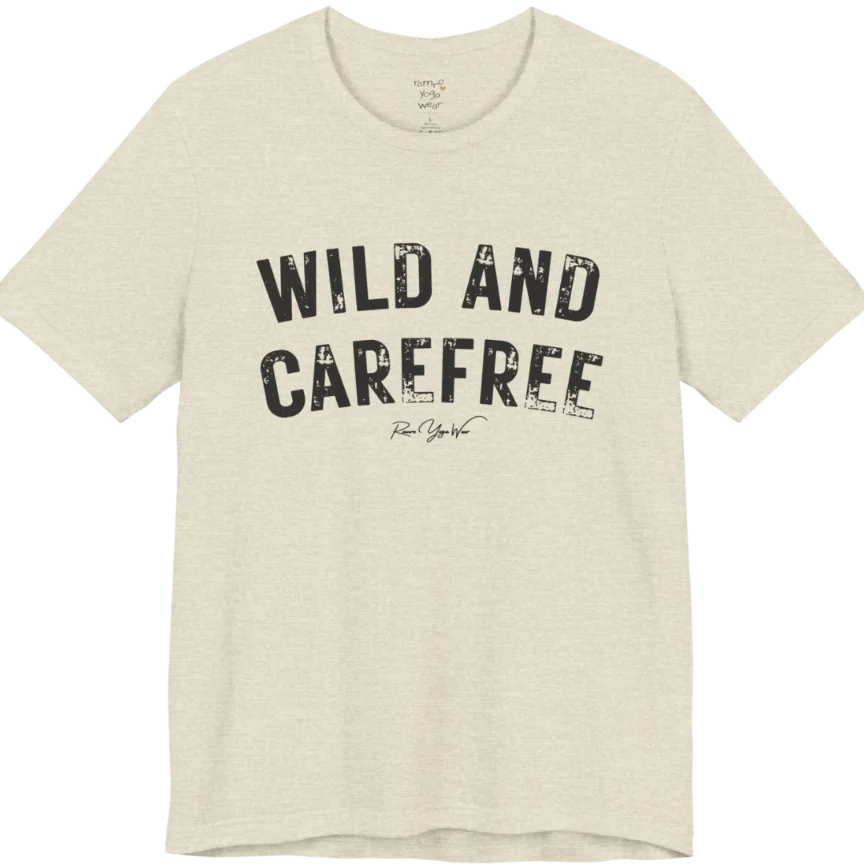 Bold typography reading "Wild And Carefree" — Funny Yoga Shirts collection by Ramro Yoga Wear in Heather Prism Natural