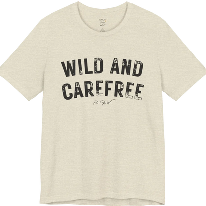Bold typography reading "Wild And Carefree" — Funny Yoga Shirts collection by Ramro Yoga Wear in Heather Prism Natural