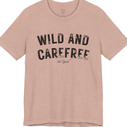 Bold typography reading "Wild And Carefree" — Funny Yoga Shirts collection by Ramro Yoga Wear in Heather Prism Peach