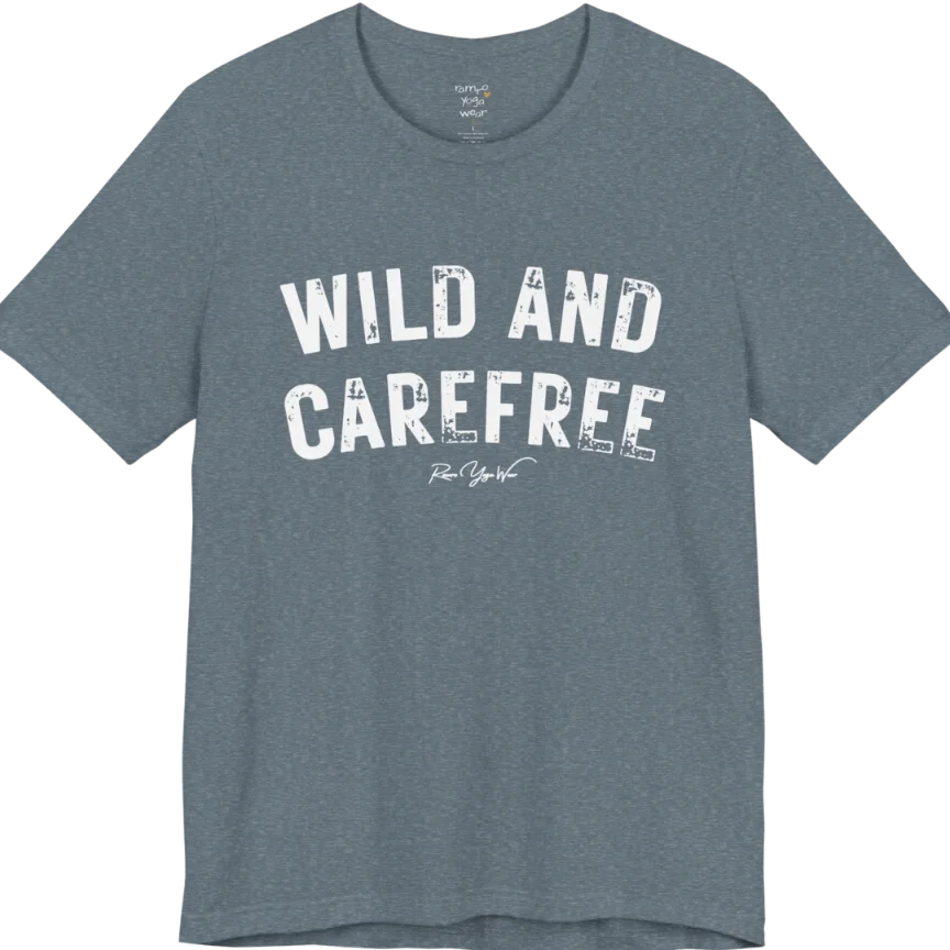 Bold typography reading "Wild And Carefree" — Funny Yoga Shirts collection by Ramro Yoga Wear in Heather Slate