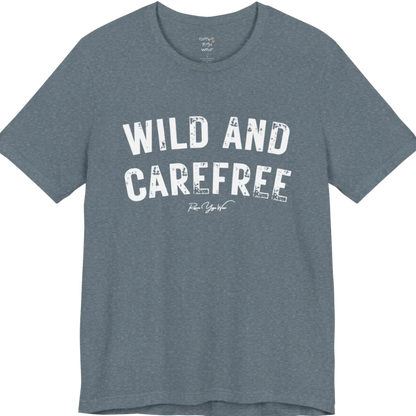 Bold typography reading "Wild And Carefree" — Funny Yoga Shirts collection by Ramro Yoga Wear in Heather Slate