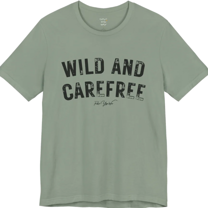 Bold typography reading "Wild And Carefree" — Funny Yoga Shirts collection by Ramro Yoga Wear in Sage
