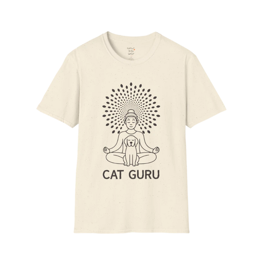 Cat Guru T-Shirt in Natural featuring minimalist cat yoga artwork with peaceful spiritual feel and soft neutral everyday style.