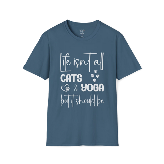 Cat Yoga T-Shirt in Indigo Blue featuring relaxed cat lover typography and yoga lifestyle style.