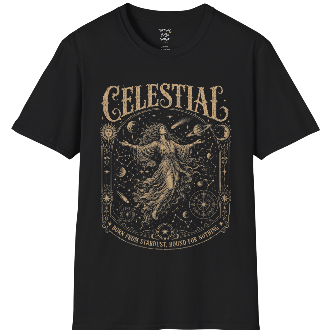 Floating woman surrounded by planets and constellation map in ornate celestial border engraving design — Sacred Thread collection by Ramro Yoga Wear — Black