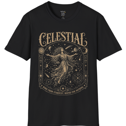 Floating woman surrounded by planets and constellation map in ornate celestial border engraving design — Sacred Thread collection by Ramro Yoga Wear — Black