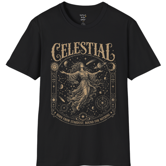 Floating woman surrounded by planets and constellation map in ornate celestial border engraving design — Sacred Thread collection by Ramro Yoga Wear — Black