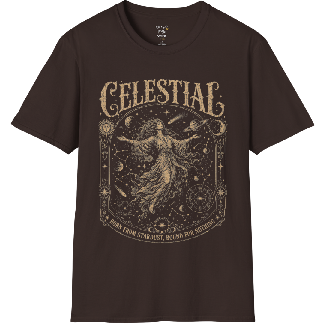Floating woman surrounded by planets and constellation map in ornate celestial border engraving design — Sacred Thread collection by Ramro Yoga Wear — Dark Chocolate