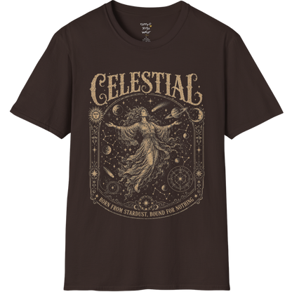 Floating woman surrounded by planets and constellation map in ornate celestial border engraving design — Sacred Thread collection by Ramro Yoga Wear — Dark Chocolate
