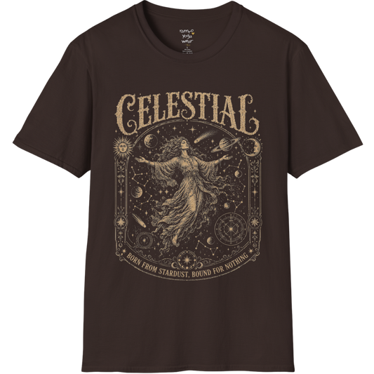 Floating woman surrounded by planets and constellation map in ornate celestial border engraving design — Sacred Thread collection by Ramro Yoga Wear — Dark Chocolate
