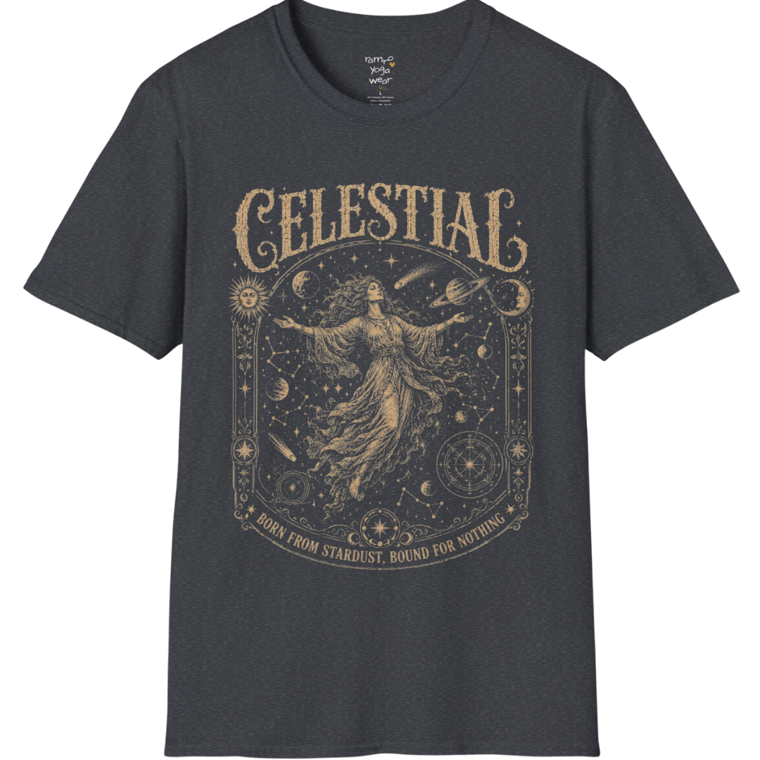 Floating woman surrounded by planets and constellation map in ornate celestial border engraving design — Sacred Thread collection by Ramro Yoga Wear — Dark Heather Grey