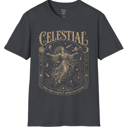 Floating woman surrounded by planets and constellation map in ornate celestial border engraving design — Sacred Thread collection by Ramro Yoga Wear — Dark Heather Grey
