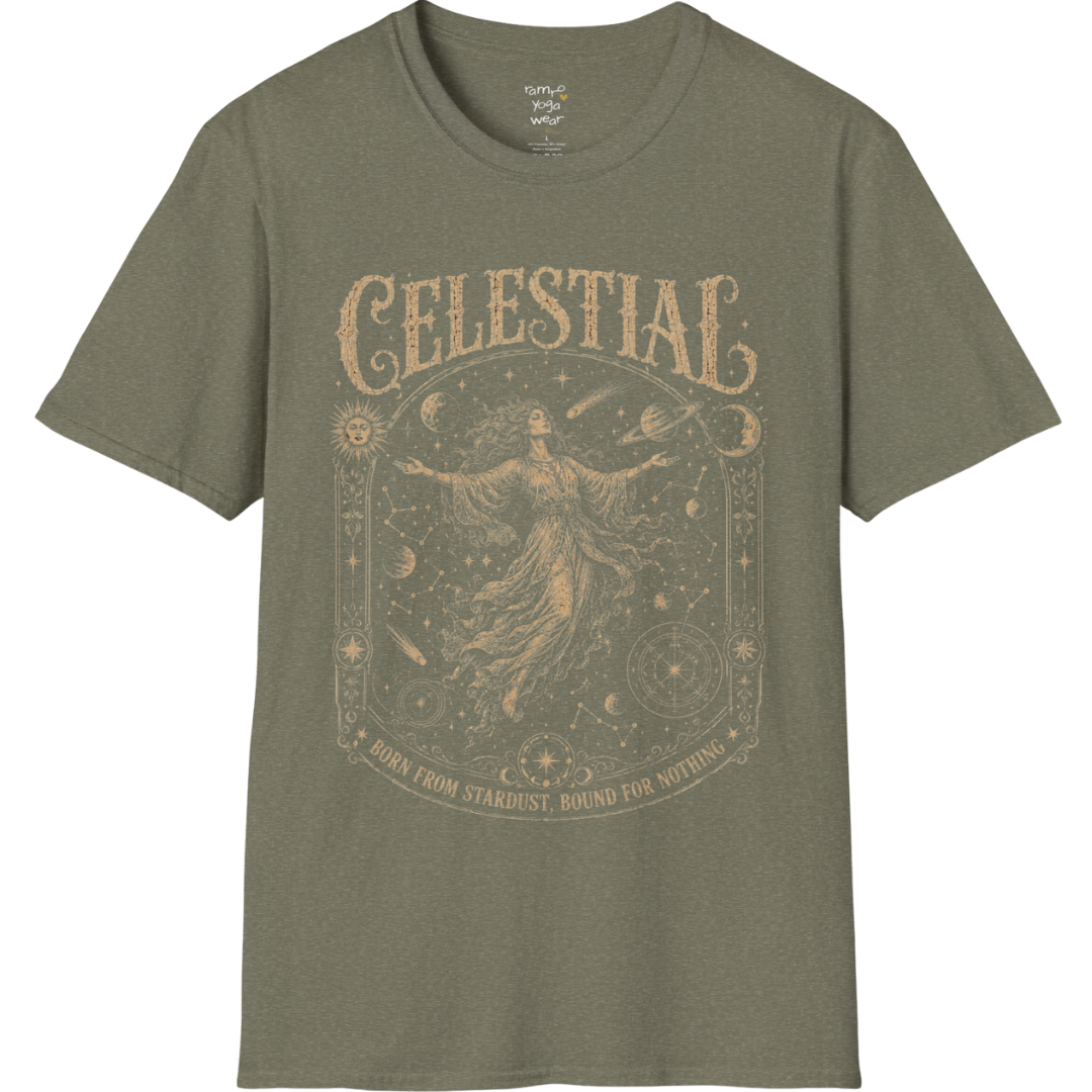Floating woman surrounded by planets and constellation map in ornate celestial border engraving design — Sacred Thread collection by Ramro Yoga Wear — Heather Military Green