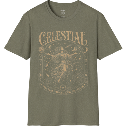 Floating woman surrounded by planets and constellation map in ornate celestial border engraving design — Sacred Thread collection by Ramro Yoga Wear — Heather Military Green