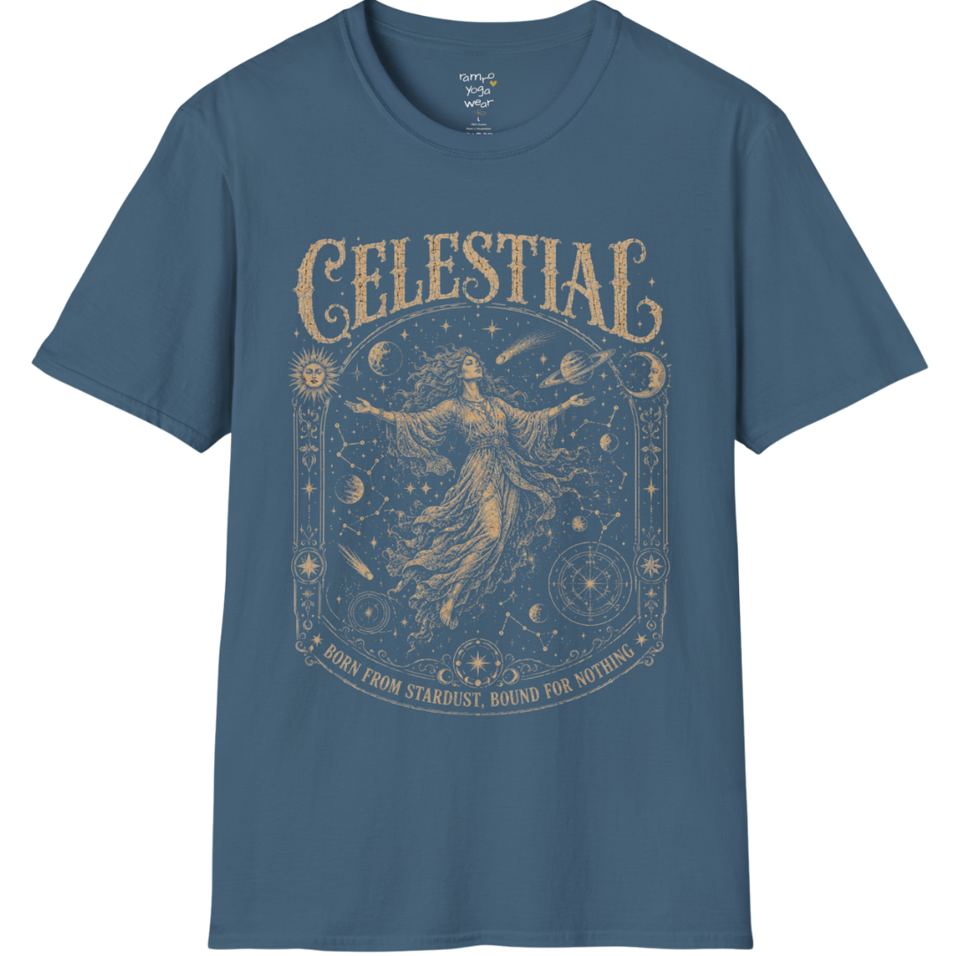 Floating woman surrounded by planets and constellation map in ornate celestial border engraving design — Sacred Thread collection by Ramro Yoga Wear — Indigo Blue