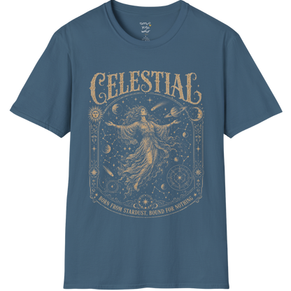 Floating woman surrounded by planets and constellation map in ornate celestial border engraving design — Sacred Thread collection by Ramro Yoga Wear — Indigo Blue