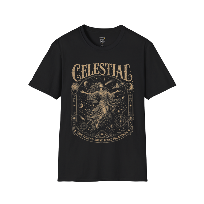 Floating woman surrounded by planets and constellation map in ornate celestial border engraving design — Sacred Thread collection by Ramro Yoga Wear — Black