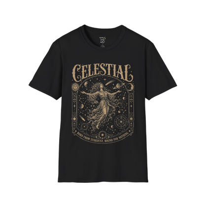 Floating woman surrounded by planets and constellation map in ornate celestial border engraving design — Sacred Thread collection by Ramro Yoga Wear — Black