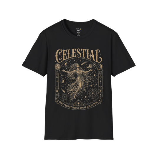Floating woman surrounded by planets and constellation map in ornate celestial border engraving design — Sacred Thread collection by Ramro Yoga Wear — Black