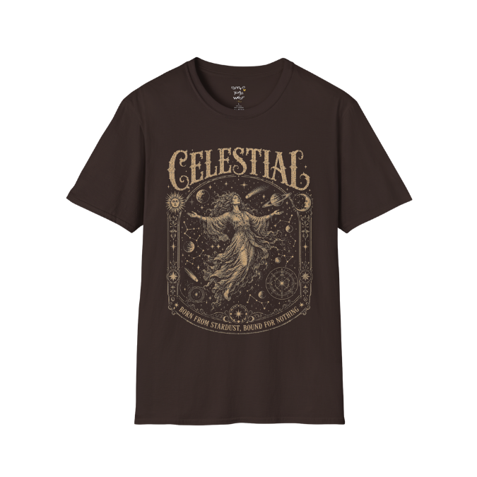Floating woman surrounded by planets and constellation map in ornate celestial border engraving design — Sacred Thread collection by Ramro Yoga Wear — Dark Chocolate