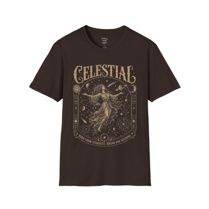 Floating woman surrounded by planets and constellation map in ornate celestial border engraving design — Sacred Thread collection by Ramro Yoga Wear — Dark Chocolate