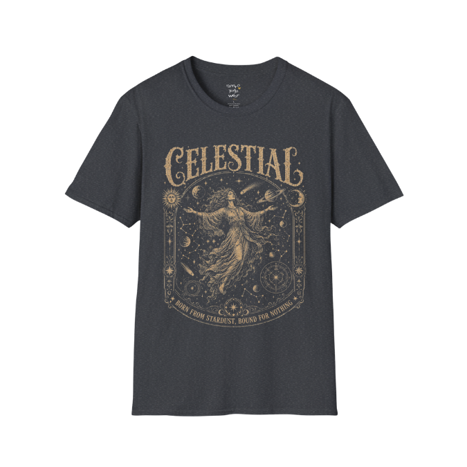 Floating woman surrounded by planets and constellation map in ornate celestial border engraving design — Sacred Thread collection by Ramro Yoga Wear — Dark Heather Grey
