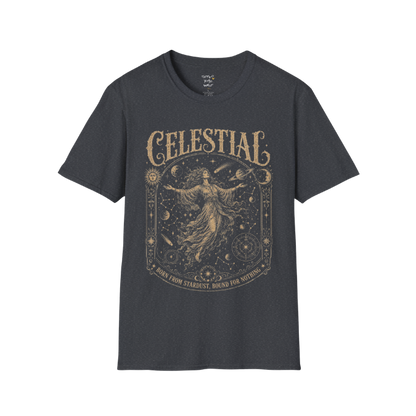 Floating woman surrounded by planets and constellation map in ornate celestial border engraving design — Sacred Thread collection by Ramro Yoga Wear — Dark Heather Grey
