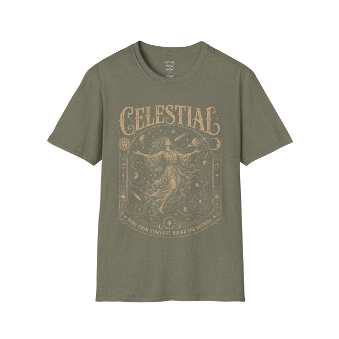 Floating woman surrounded by planets and constellation map in ornate celestial border engraving design — Sacred Thread collection by Ramro Yoga Wear — Heather Military Green
