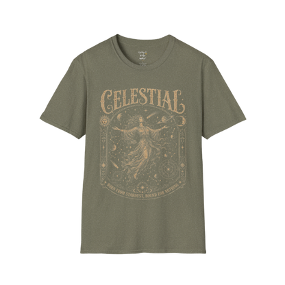 Floating woman surrounded by planets and constellation map in ornate celestial border engraving design — Sacred Thread collection by Ramro Yoga Wear — Heather Military Green