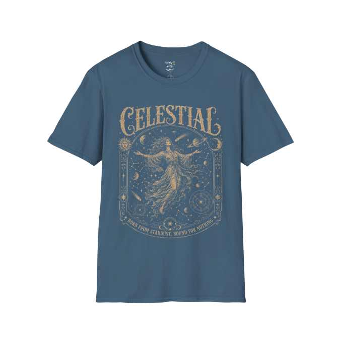 Floating woman surrounded by planets and constellation map in ornate celestial border engraving design — Sacred Thread collection by Ramro Yoga Wear — Indigo Blue