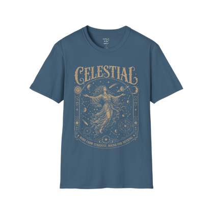 Floating woman surrounded by planets and constellation map in ornate celestial border engraving design — Sacred Thread collection by Ramro Yoga Wear — Indigo Blue