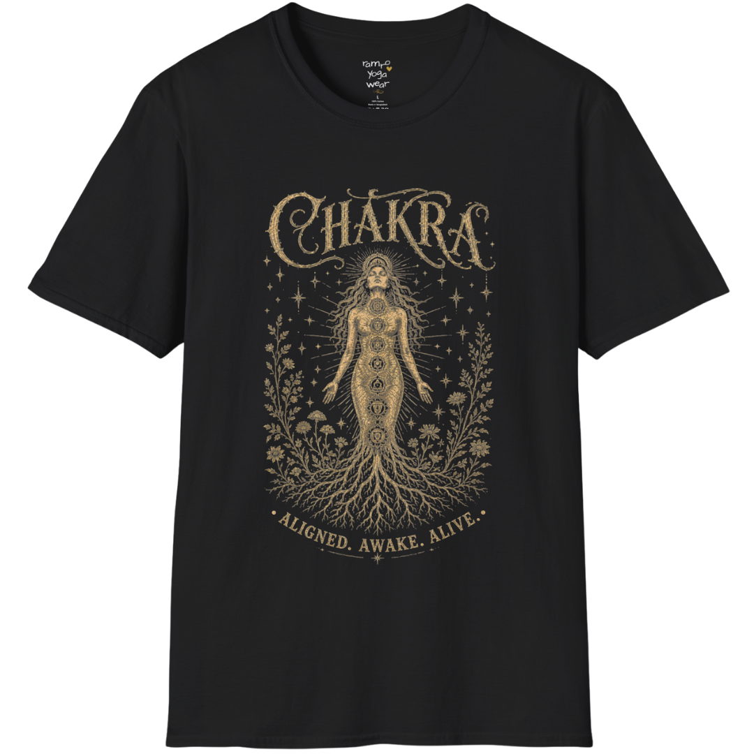 Chakra dark sacred yoga shirt in black — seven chakra woman and roots engraving design — Sacred Thread collection by Ramro Yoga Wear