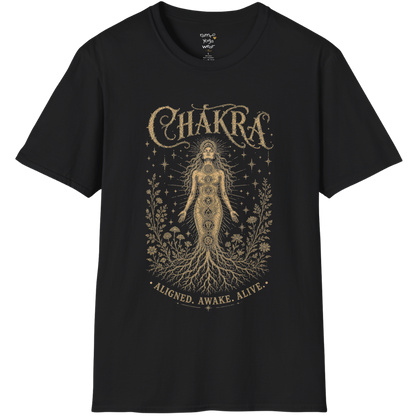 Chakra dark sacred yoga shirt in black — seven chakra woman and roots engraving design — Sacred Thread collection by Ramro Yoga Wear