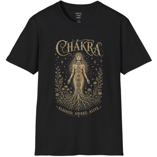 Chakra dark sacred yoga shirt in black — seven chakra woman and roots engraving design — Sacred Thread collection by Ramro Yoga Wear