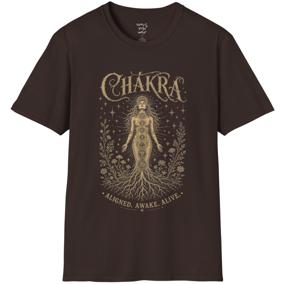 Chakra dark sacred yoga shirt in dark chocolate — seven chakra woman and roots engraving design — Sacred Thread collection by Ramro Yoga Wear