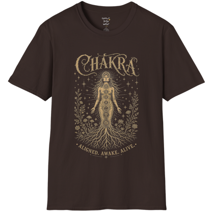 Chakra dark sacred yoga shirt in dark chocolate — seven chakra woman and roots engraving design — Sacred Thread collection by Ramro Yoga Wear