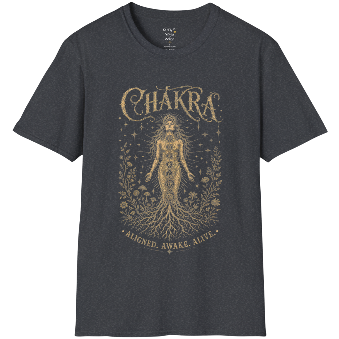 Chakra dark sacred yoga shirt in dark heather grey — seven chakra woman and roots engraving design — Sacred Thread collection by Ramro Yoga Wear