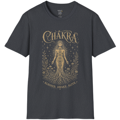 Chakra dark sacred yoga shirt in dark heather grey — seven chakra woman and roots engraving design — Sacred Thread collection by Ramro Yoga Wear