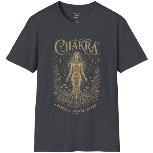 Chakra dark sacred yoga shirt in dark heather grey — seven chakra woman and roots engraving design — Sacred Thread collection by Ramro Yoga Wear