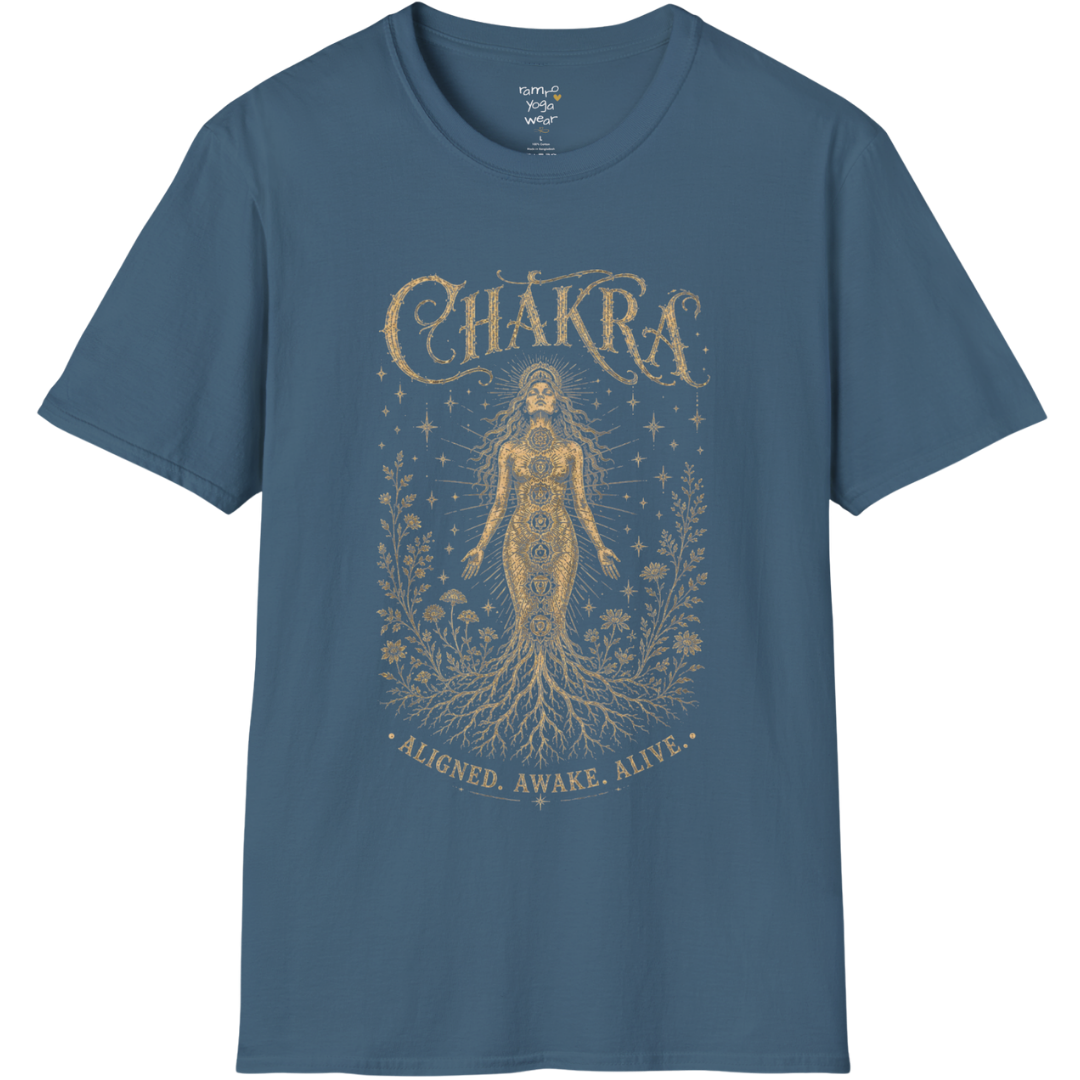 Chakra dark sacred yoga shirt in indigo blue — seven chakra woman and roots engraving design — Sacred Thread collection by Ramro Yoga Wear