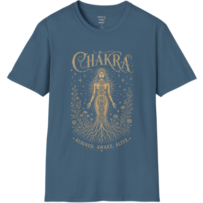 Chakra dark sacred yoga shirt in indigo blue — seven chakra woman and roots engraving design — Sacred Thread collection by Ramro Yoga Wear