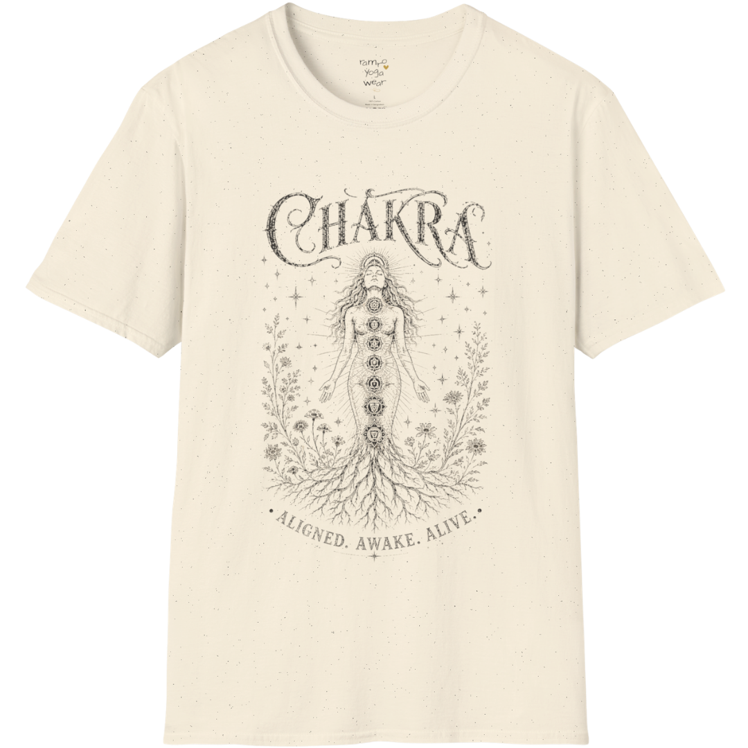 Chakra sacred yoga shirt in natural — seven chakra woman and roots engraving design — Sacred Thread collection by Ramro Yoga Wear