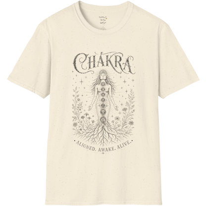 Chakra sacred yoga shirt in natural — seven chakra woman and roots engraving design — Sacred Thread collection by Ramro Yoga Wear