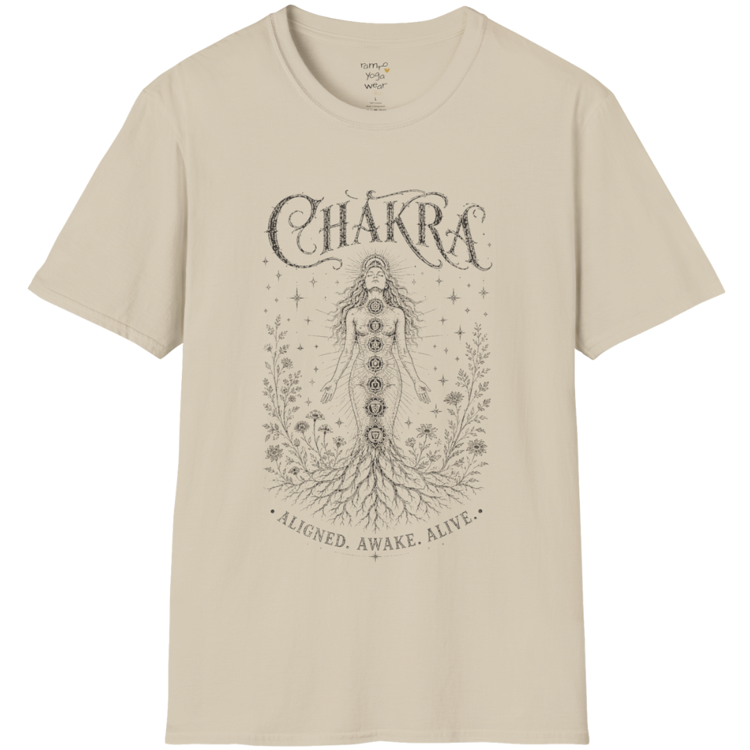 Chakra sacred yoga shirt in sand — seven chakra woman and roots engraving design — Sacred Thread collection by Ramro Yoga Wear