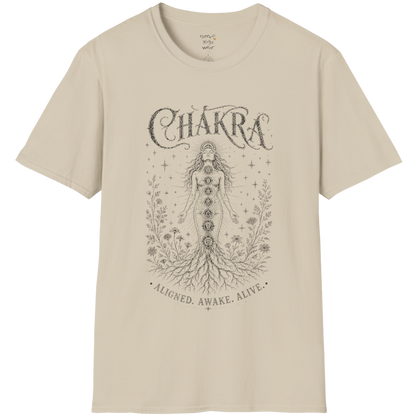Chakra sacred yoga shirt in sand — seven chakra woman and roots engraving design — Sacred Thread collection by Ramro Yoga Wear