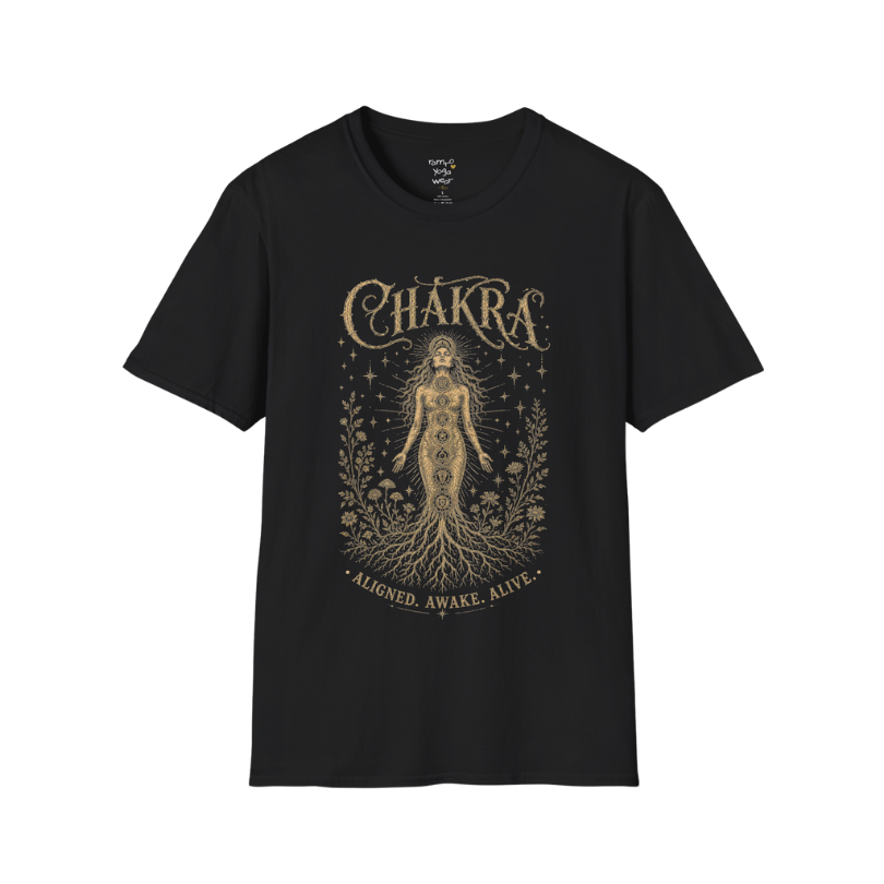 Chakra dark sacred yoga shirt in black — seven chakra woman and roots engraving design — Sacred Thread collection by Ramro Yoga Wear